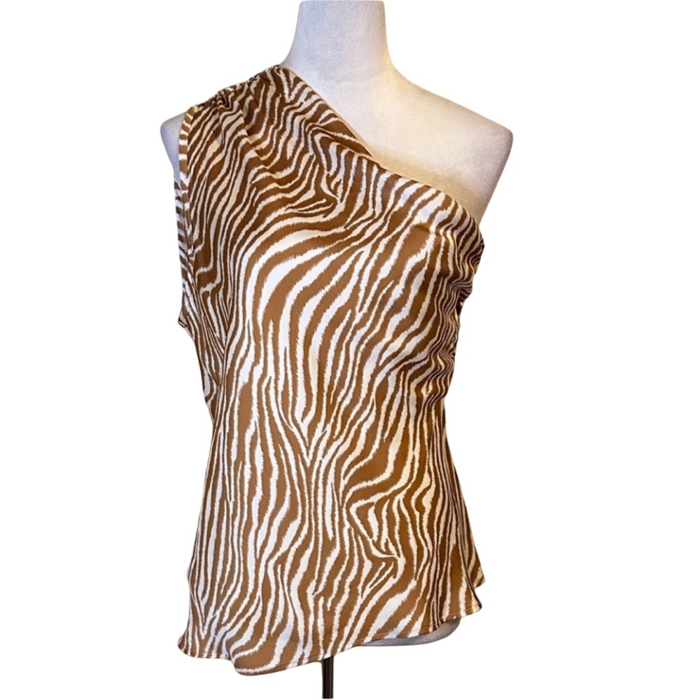 Adrienne Brown and Cream Zebra Print One-Shoulder Silky Blouse